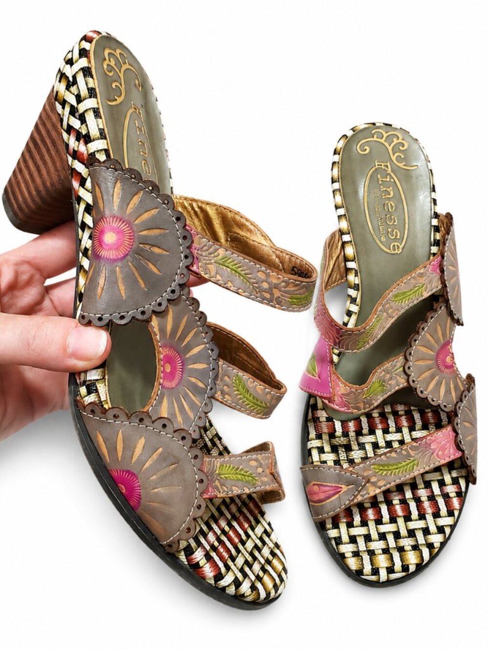 FINESSE COLLECTION Heeled Sandals Sz 40EU Multicolor Floral Leather Artsy Slide